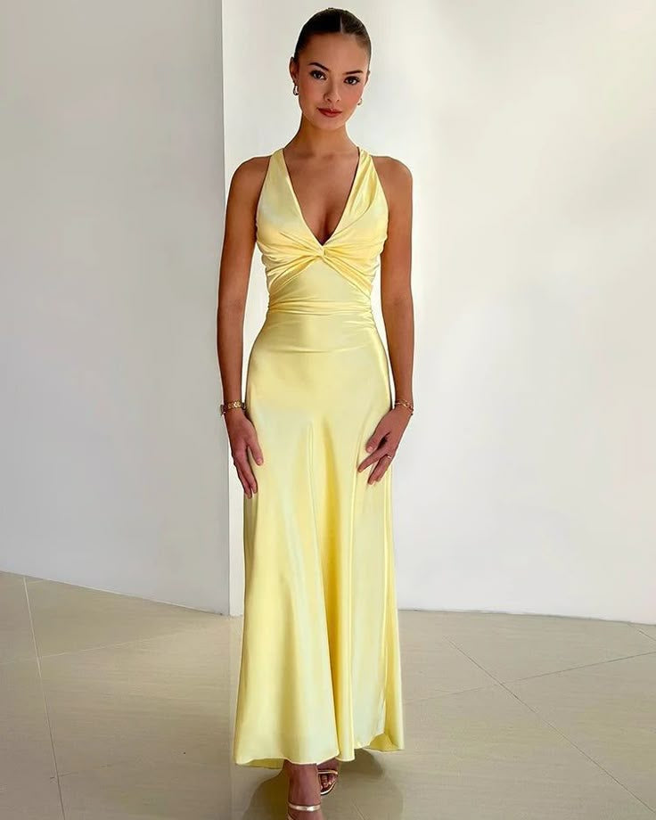 Women’s Maxi Dress Twist Front V Neck Satin Wedding Guest Gown