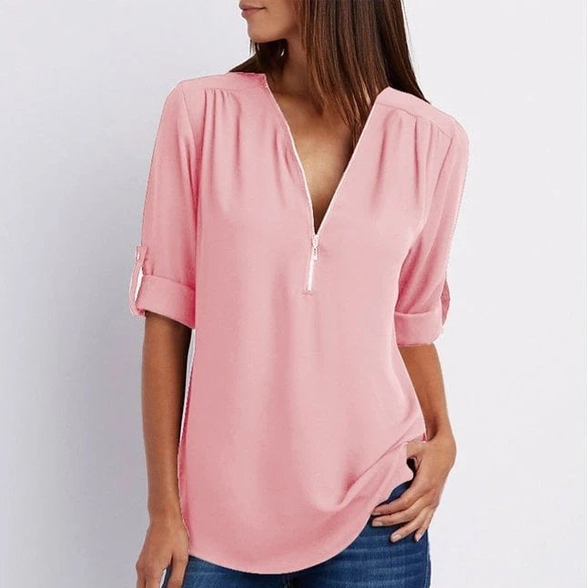 Women's Blouse Zip-Up V-Neck Roll-Tab Half Sleeve Casual Tunic Top