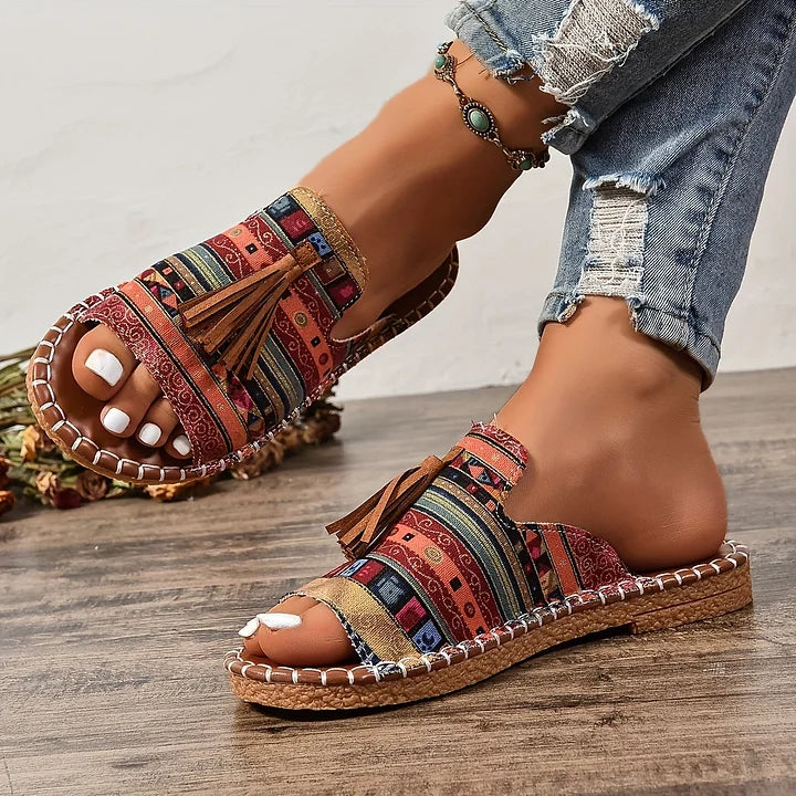 Women’s Flat Sandals with Vintage Tassel Detail and Woven Espadrille Sole