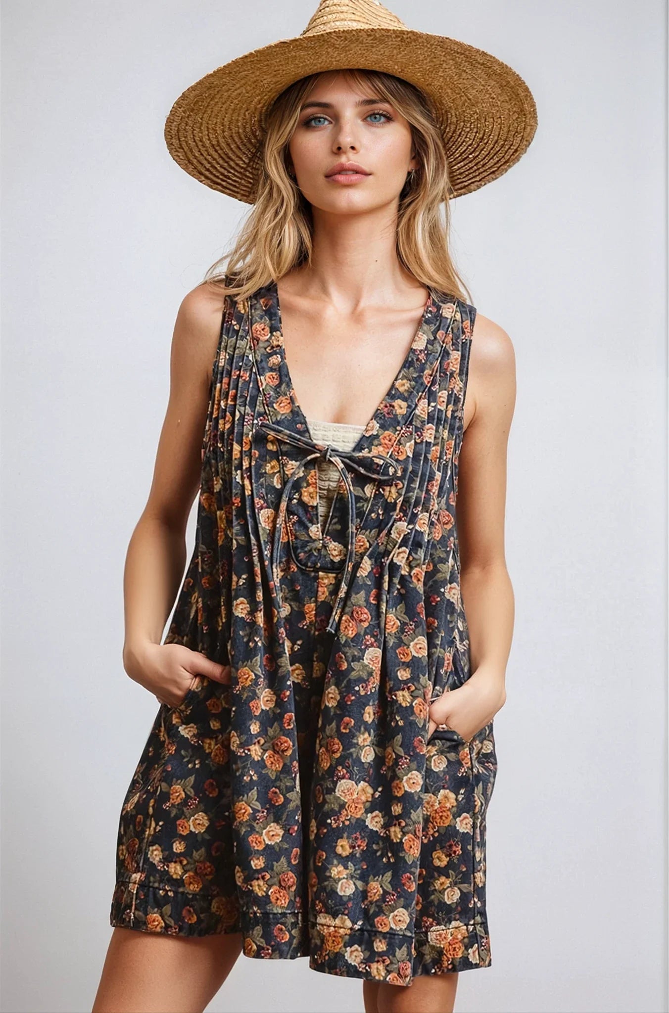 Women Vintage Bloom Denim Romper