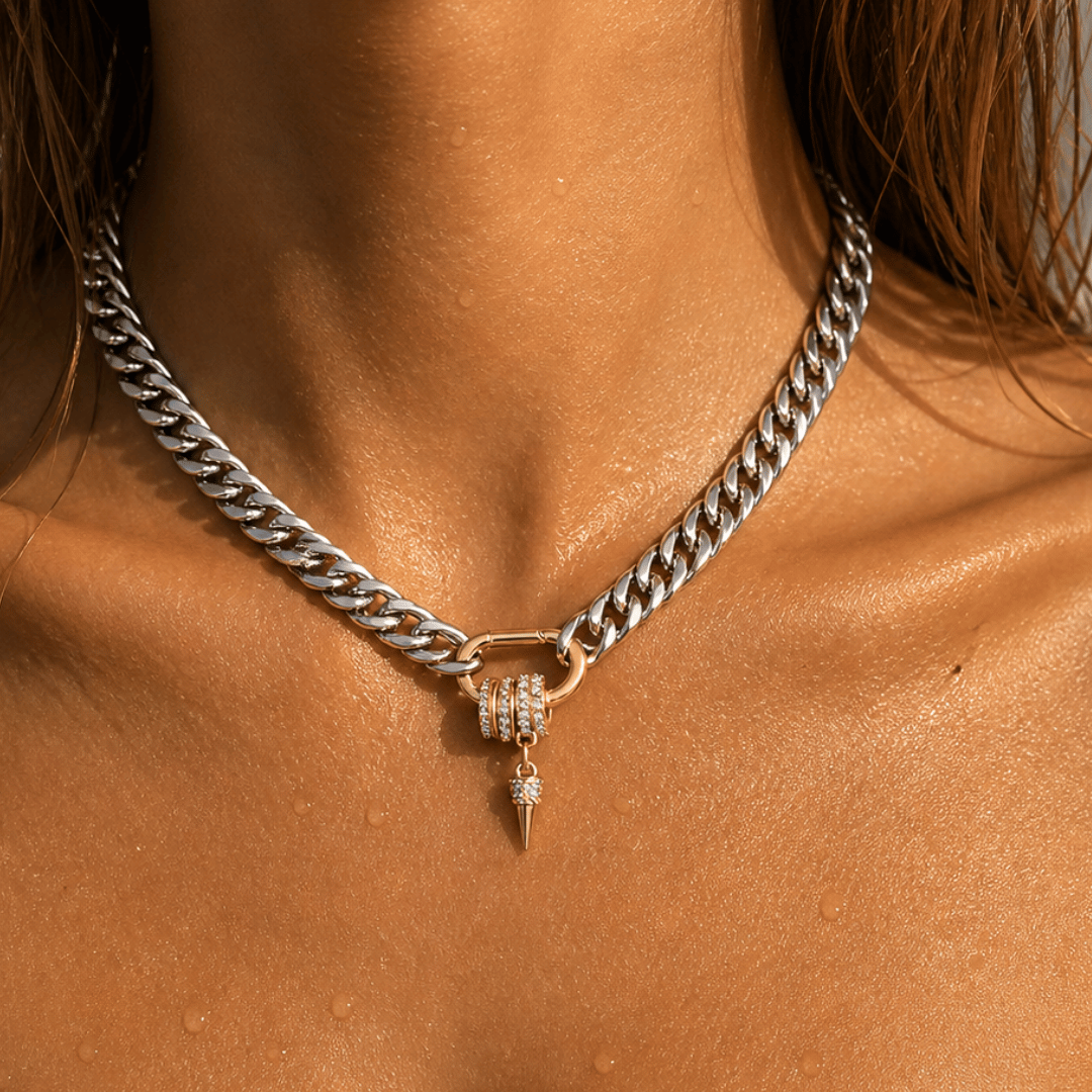 Women's Curb Chain Necklace with Rhinestone Charm Holder