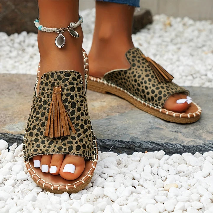 Women’s Flat Sandals with Vintage Tassel Detail and Woven Espadrille Sole