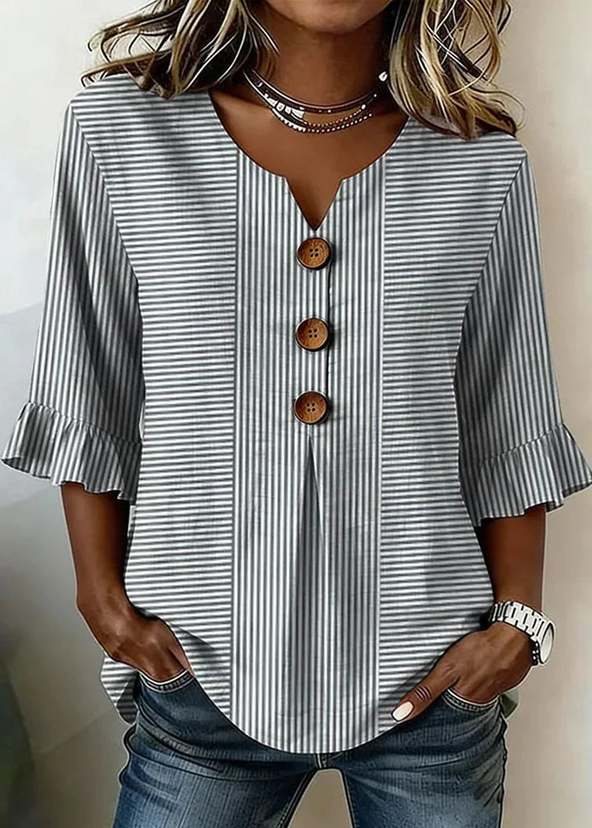 Women’s Blouse with Notch V-Neckline and Ruffle Bell Sleeves