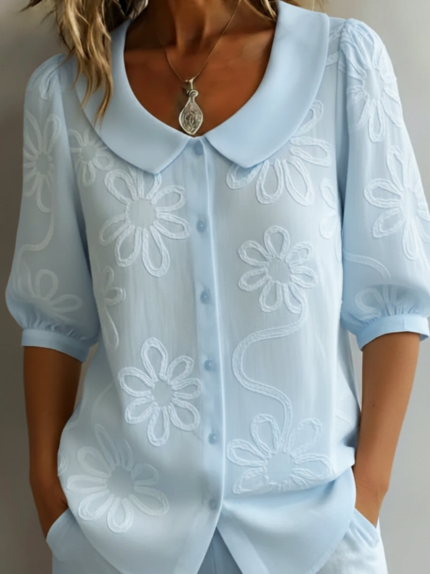 Women's Embroidered Floral Peter Pan Collar Puff Sleeve Blouse