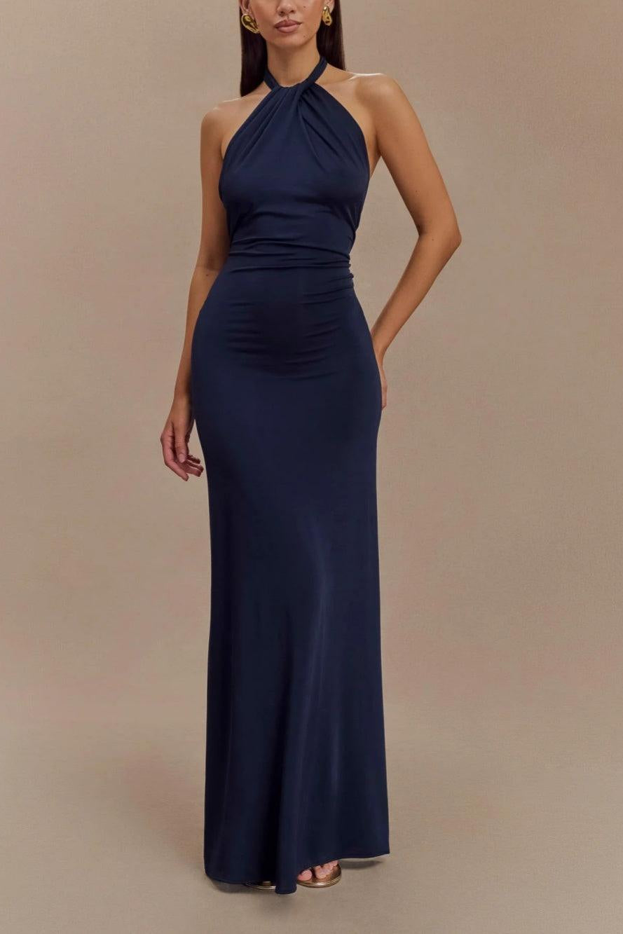 Women’s Halter Maxi Dress with Ruched Bodice and Slinky Column Silhouette