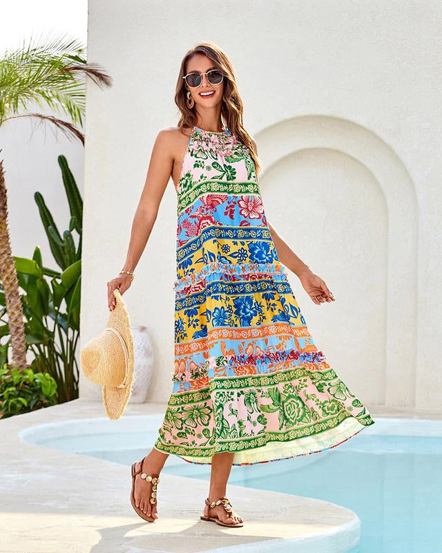 Women¡¯s Midi Sundress with Halter Neckline and Tiered Ruffle Trim