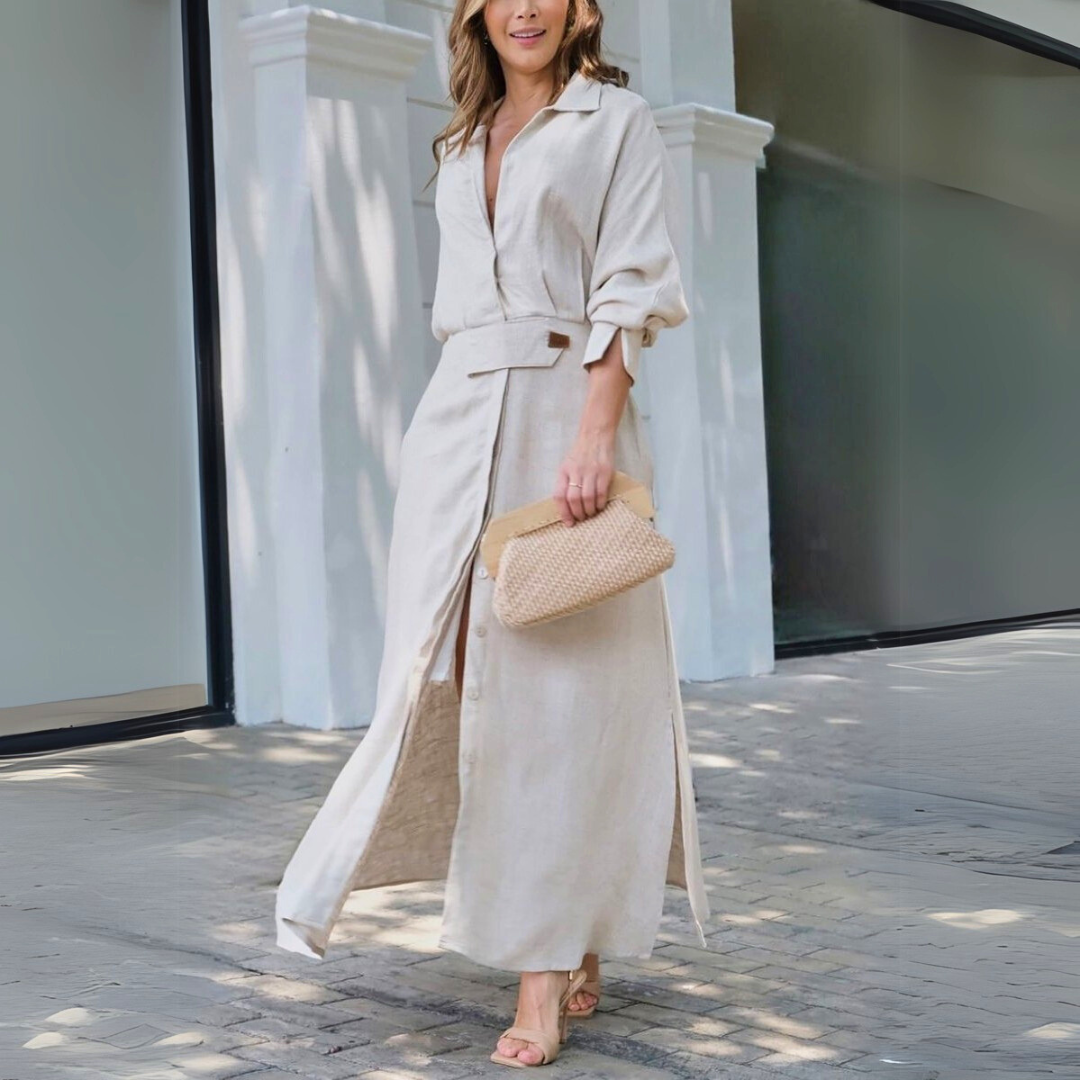 Women’s Shirt Maxi Dress with Button-Down Front and Tab Waist Detail
