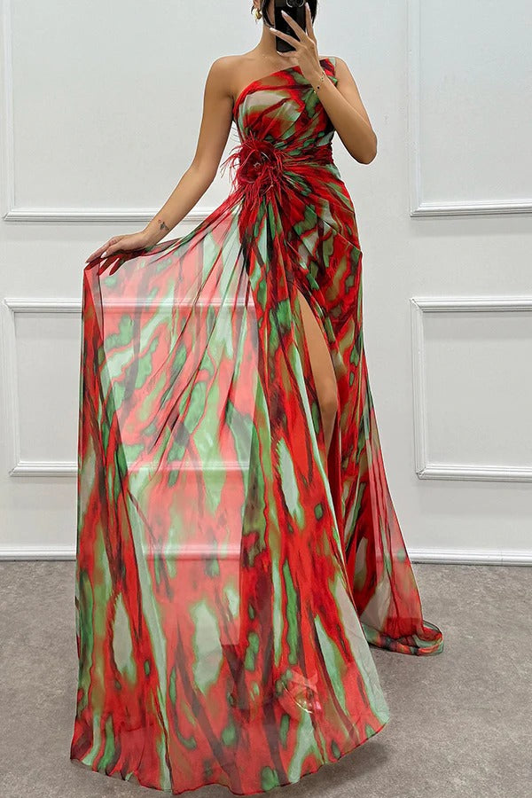 Women’s One-Shoulder Maxi Dress Feather Embellished High Slit Wedding Guest Gown