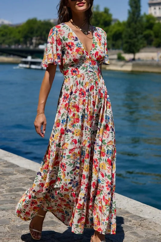 Women’s Floral Maxi Dress with Short Sleeves and Flattering Fitted Waistline