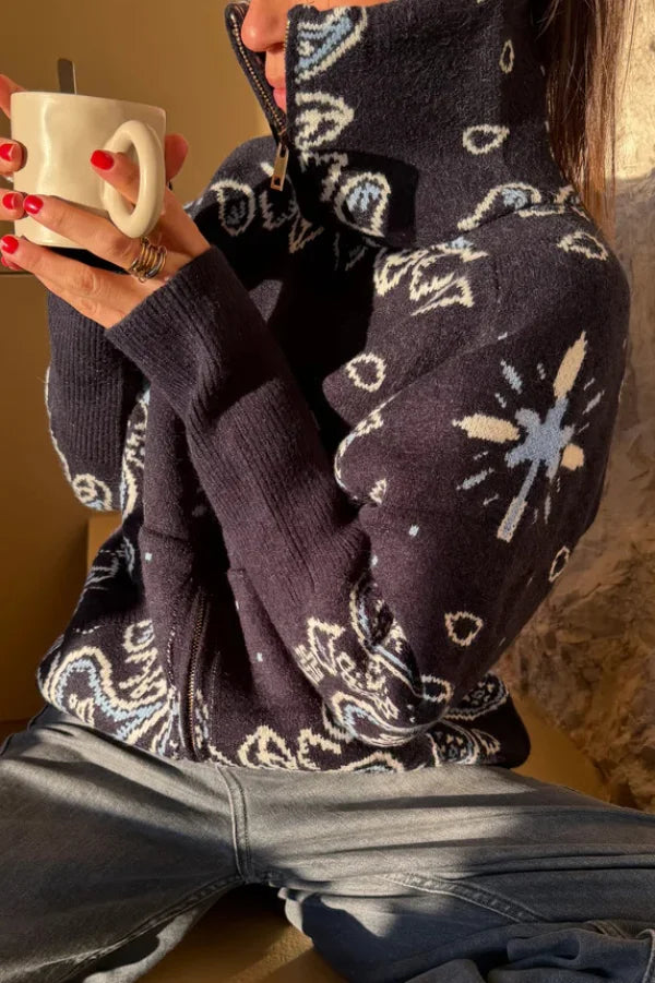 Women's Knit Zip-Up Sweater with Jacquard Paisley Print and High Turtleneck