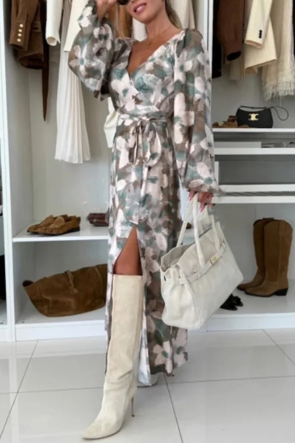 Women's Long Sleeve V-Neck Maxi Dress with Waist Tie and Side Slit Detail