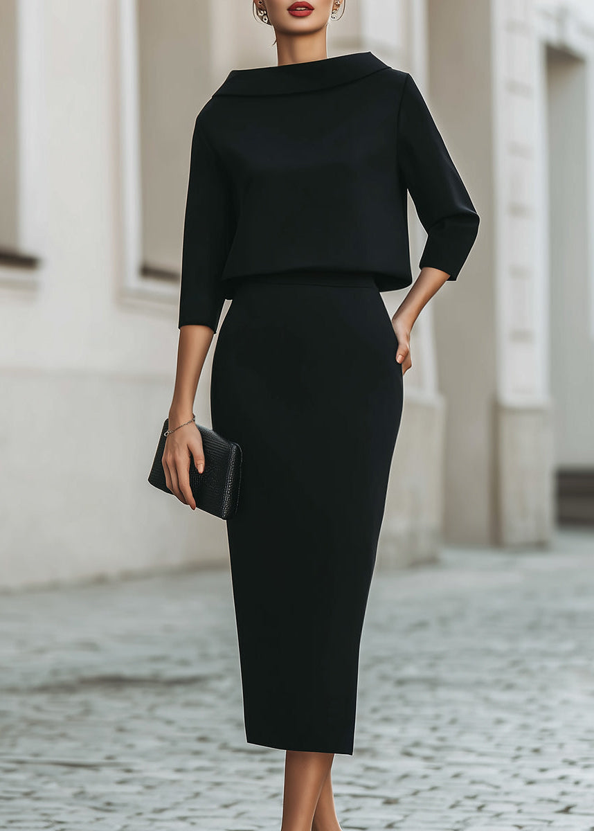 Ceylan Women’s Boat Neck Midi Skirt Set with Elegant 3/4 Sleeves