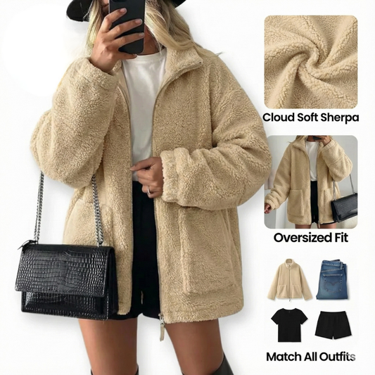 Ceylan High Collar Sherpa Jacket - Premium Zip Up Teddy Coat