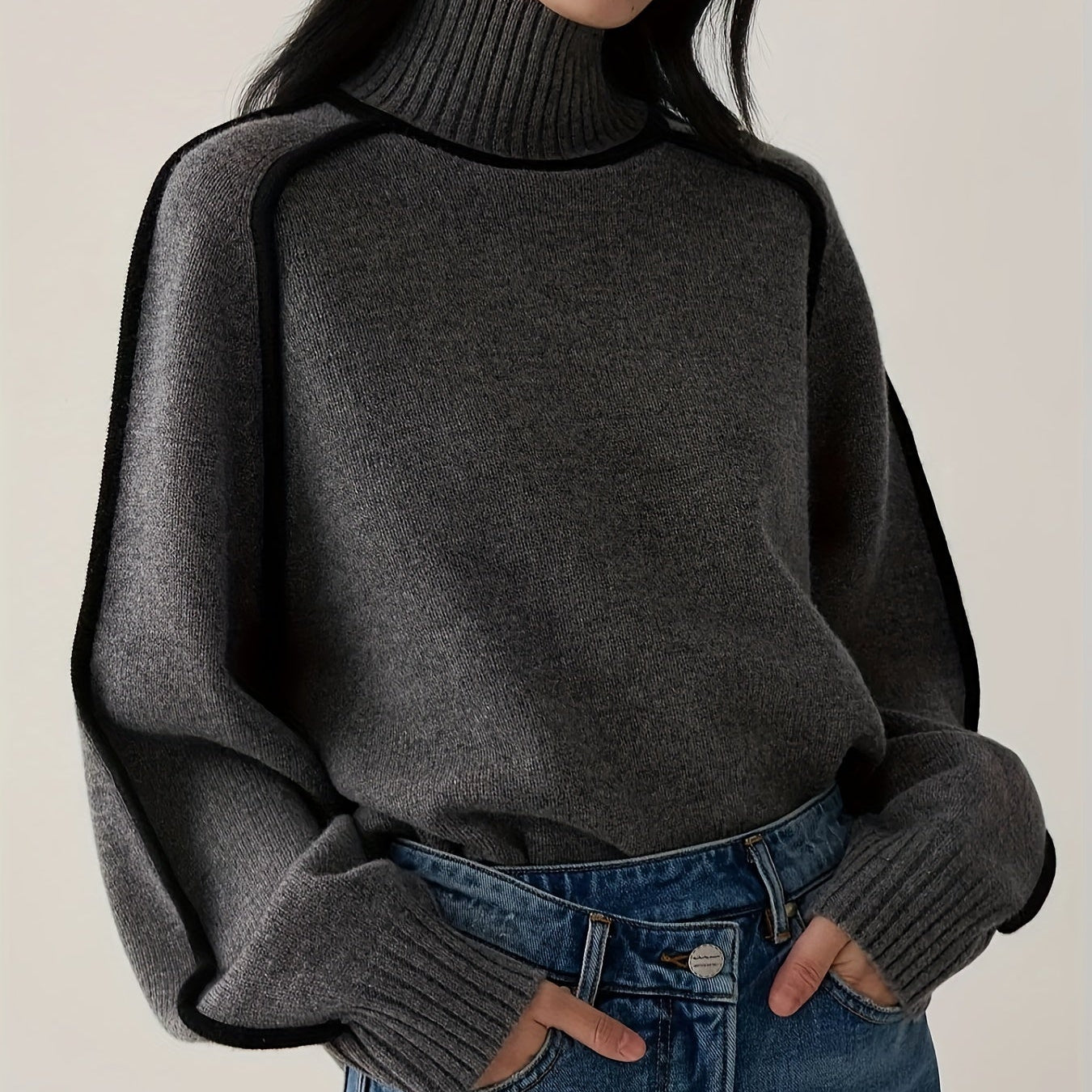 Ceylan Women's Contrast Trim Turtleneck Pullover Sweater