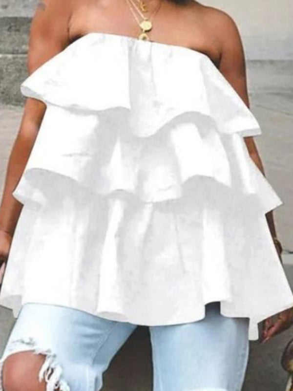 Women's Navy Tiered Ruffle Strapless Top for Effortless Summer Style