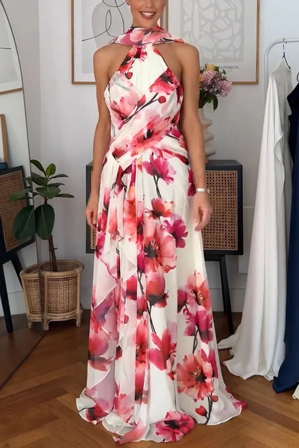 Women¡¯s Maxi Dress with Crinkle Chiffon Ruffle Trim and Cross-Front Halter Neck