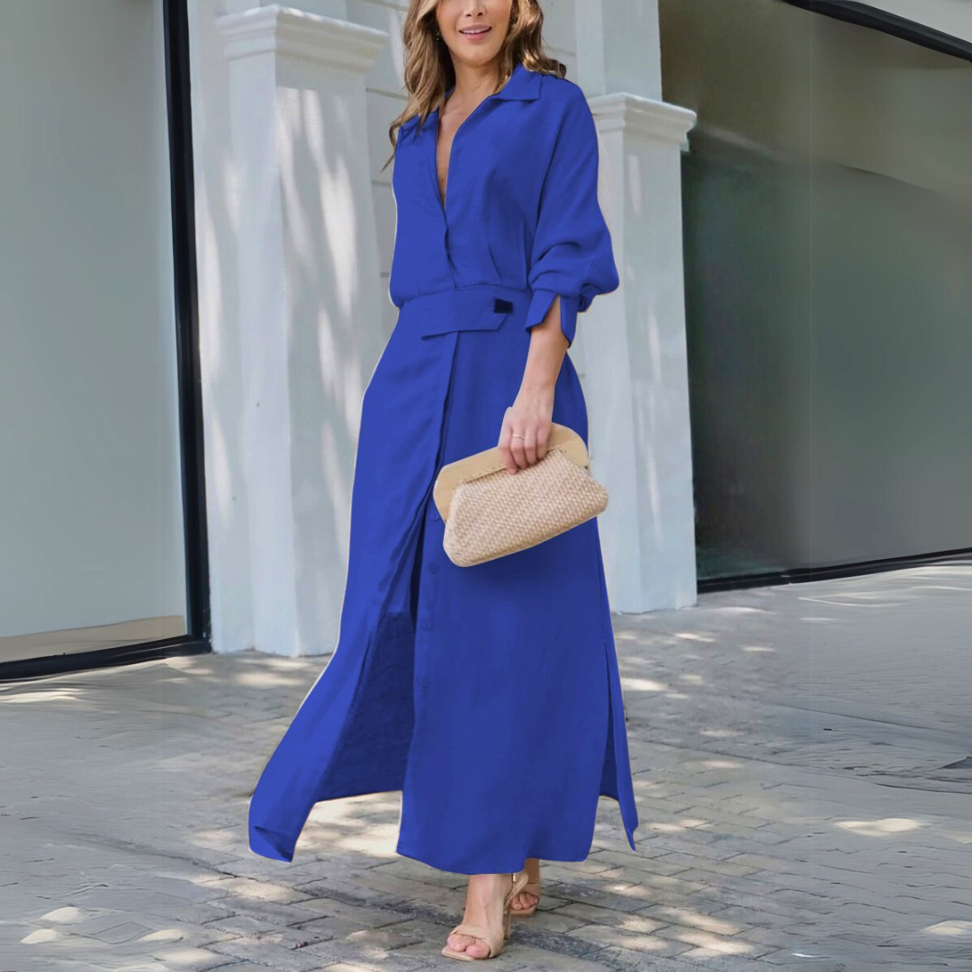 Women’s Shirt Maxi Dress with Button-Down Front and Tab Waist Detail