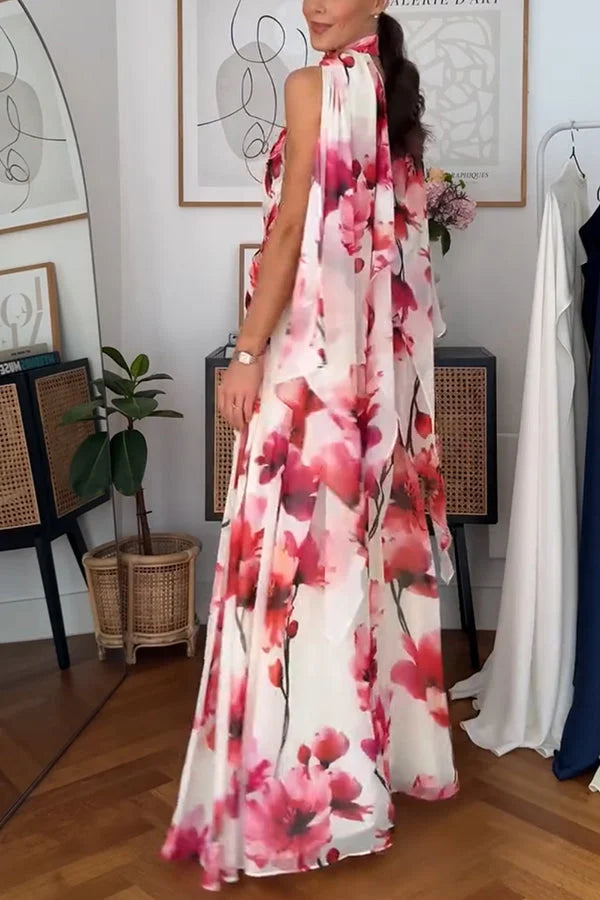 Women¡¯s Maxi Dress with Crinkle Chiffon Ruffle Trim and Cross-Front Halter Neck