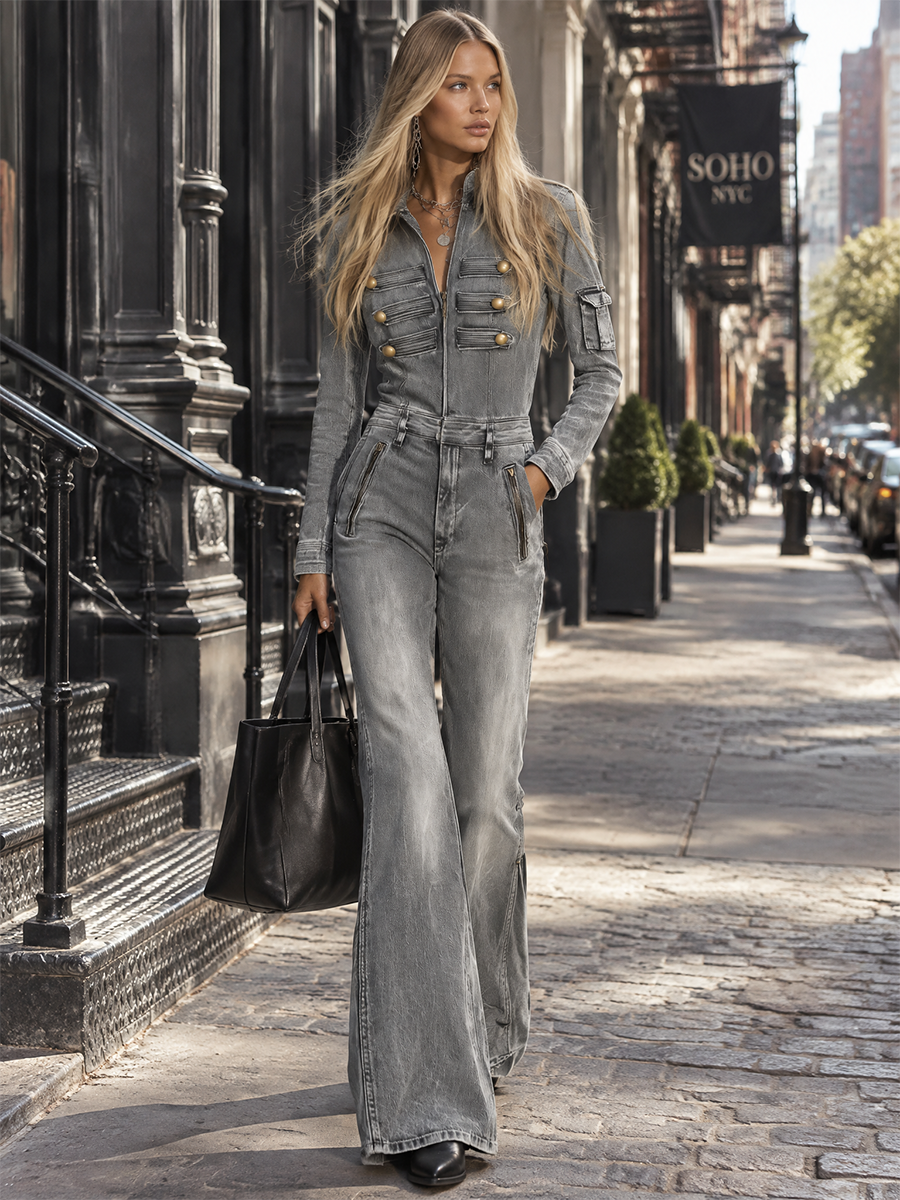 Grey Denim Jumpsuit Button Front Belted Wide Leg Coverall