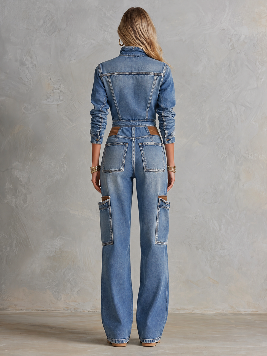Blue Denim Jumpsuit Zip Front Drawstring Waist Wide Leg Coverall