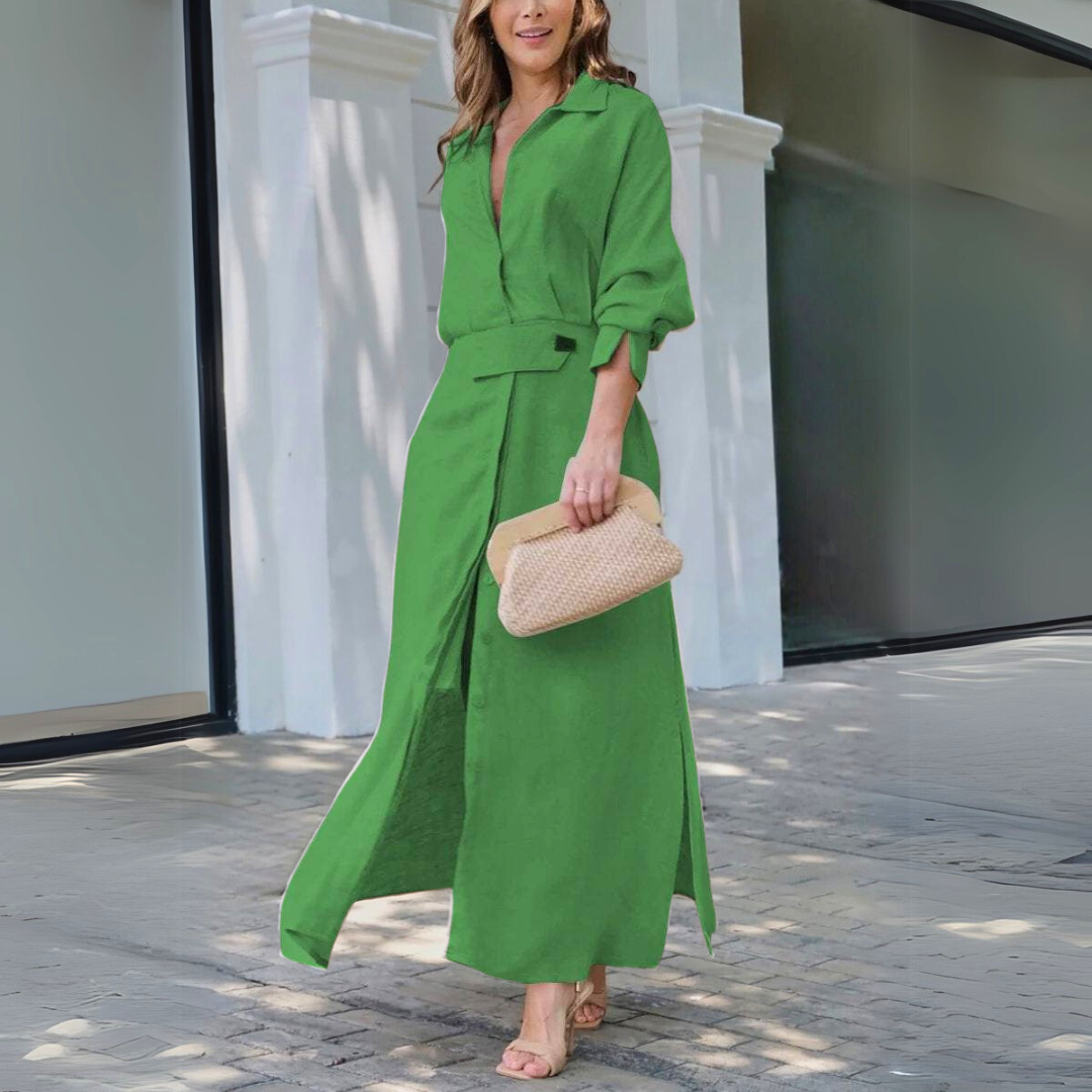 Women’s Shirt Maxi Dress with Button-Down Front and Tab Waist Detail