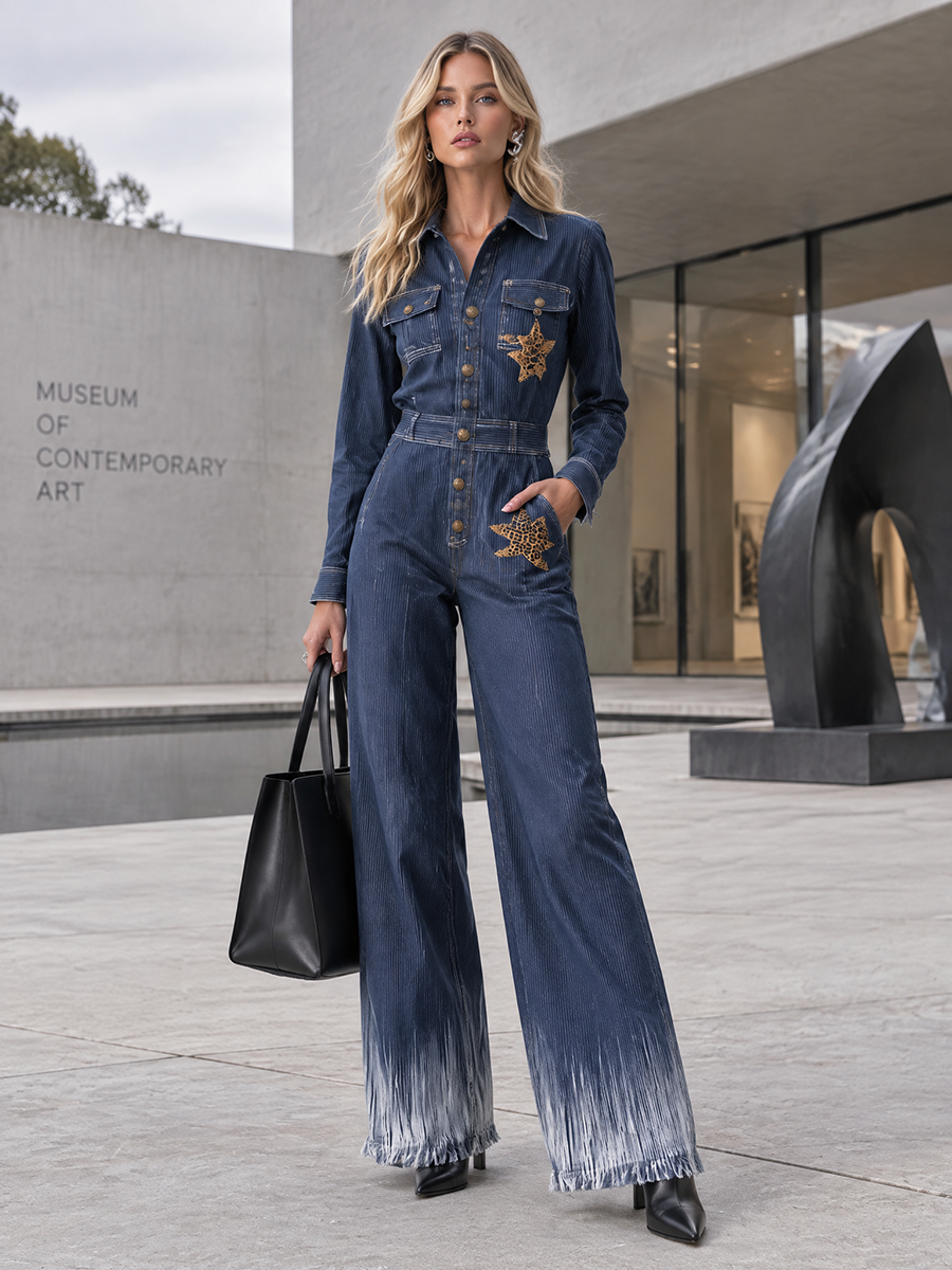 Dark Blue Denim Jumpsuit Button Front Wide Leg Utility Coverall