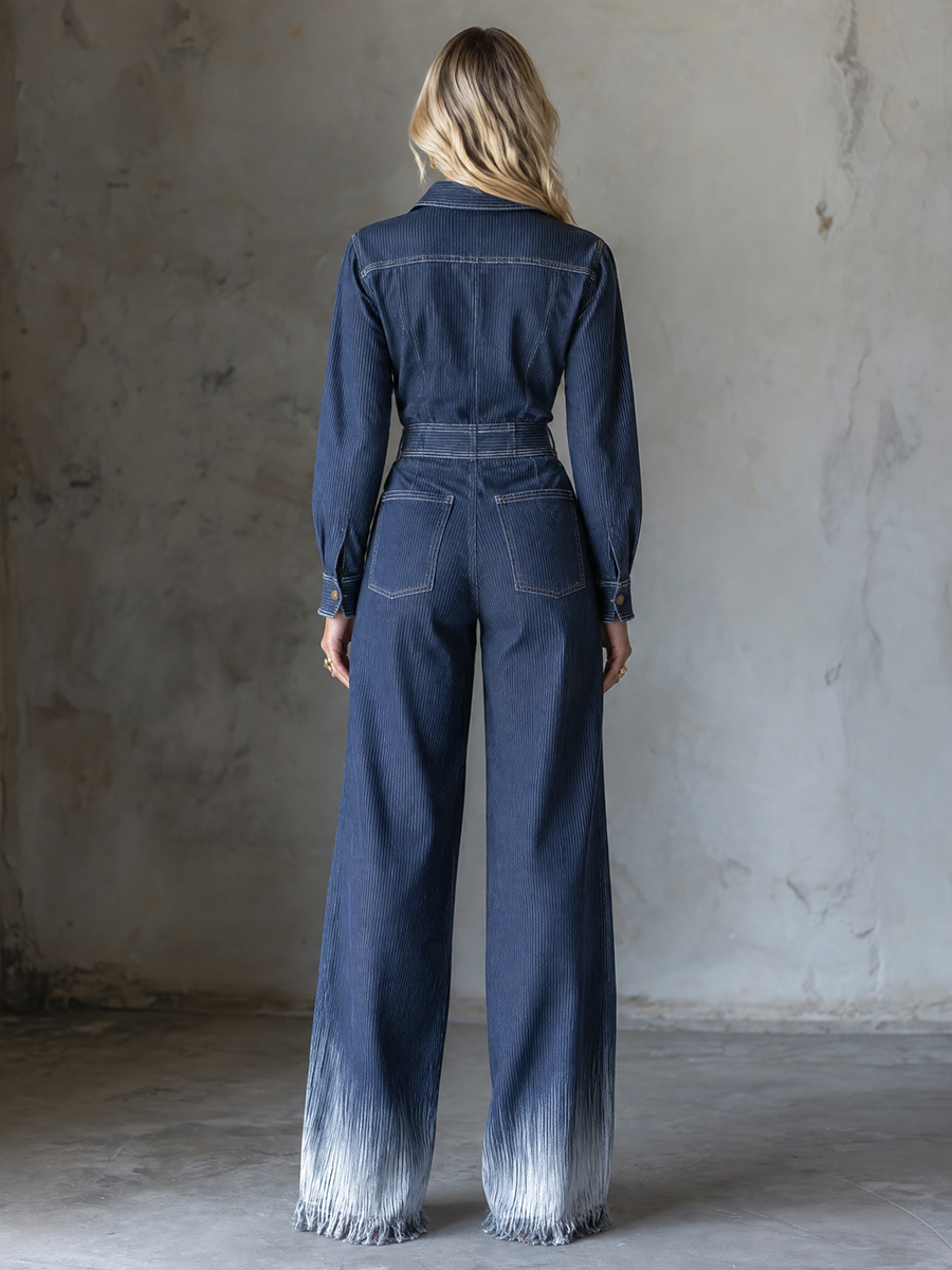 Dark Blue Denim Jumpsuit Button Front Wide Leg Utility Coverall