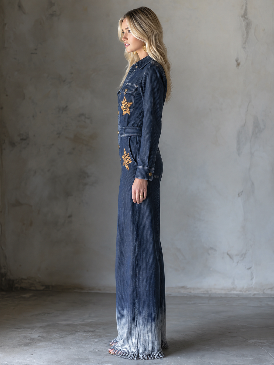 Dark Blue Denim Jumpsuit Button Front Wide Leg Utility Coverall