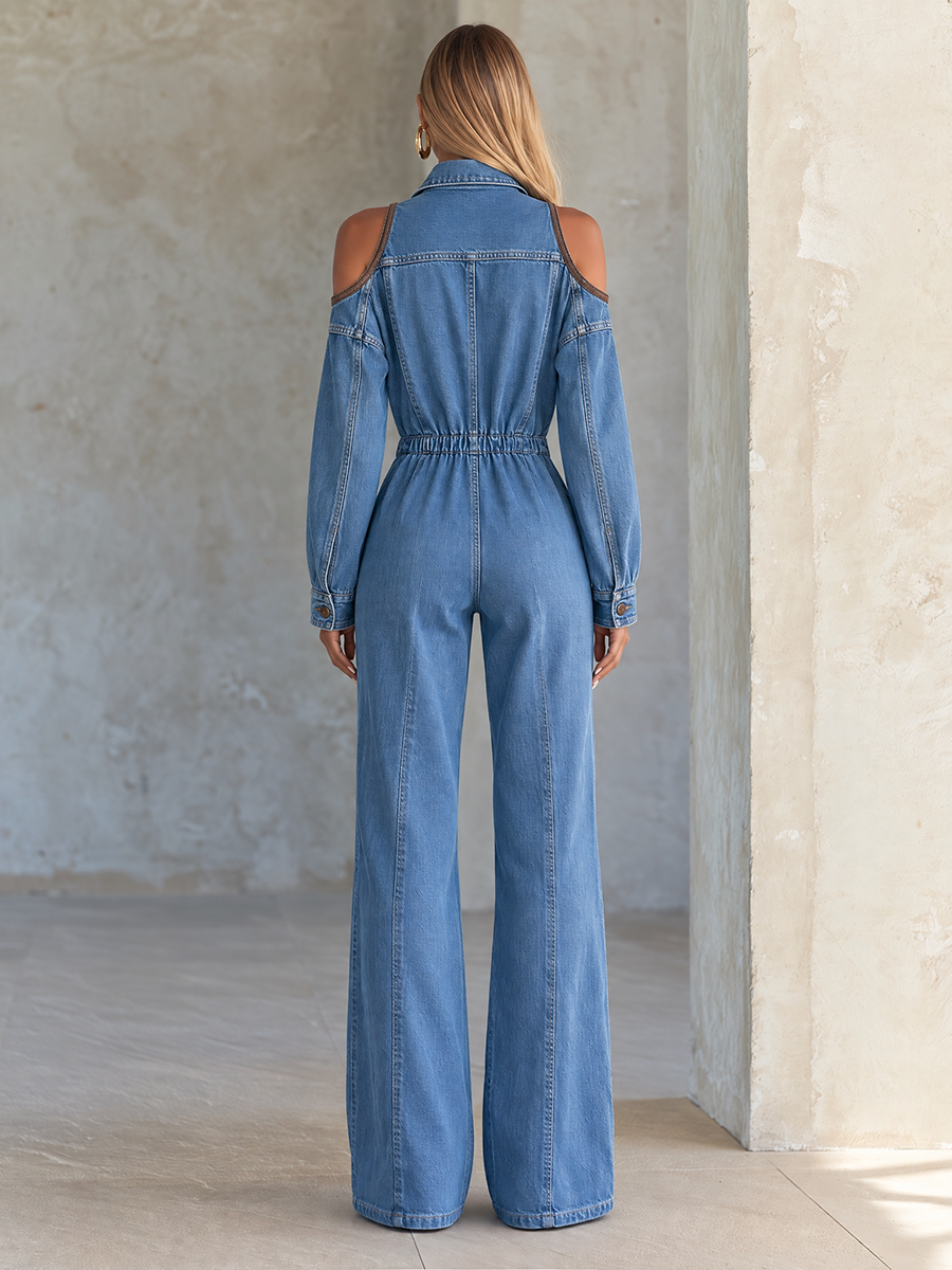 Light Blue Denim Jumpsuit V Neck Button Front Wide Leg Coverall