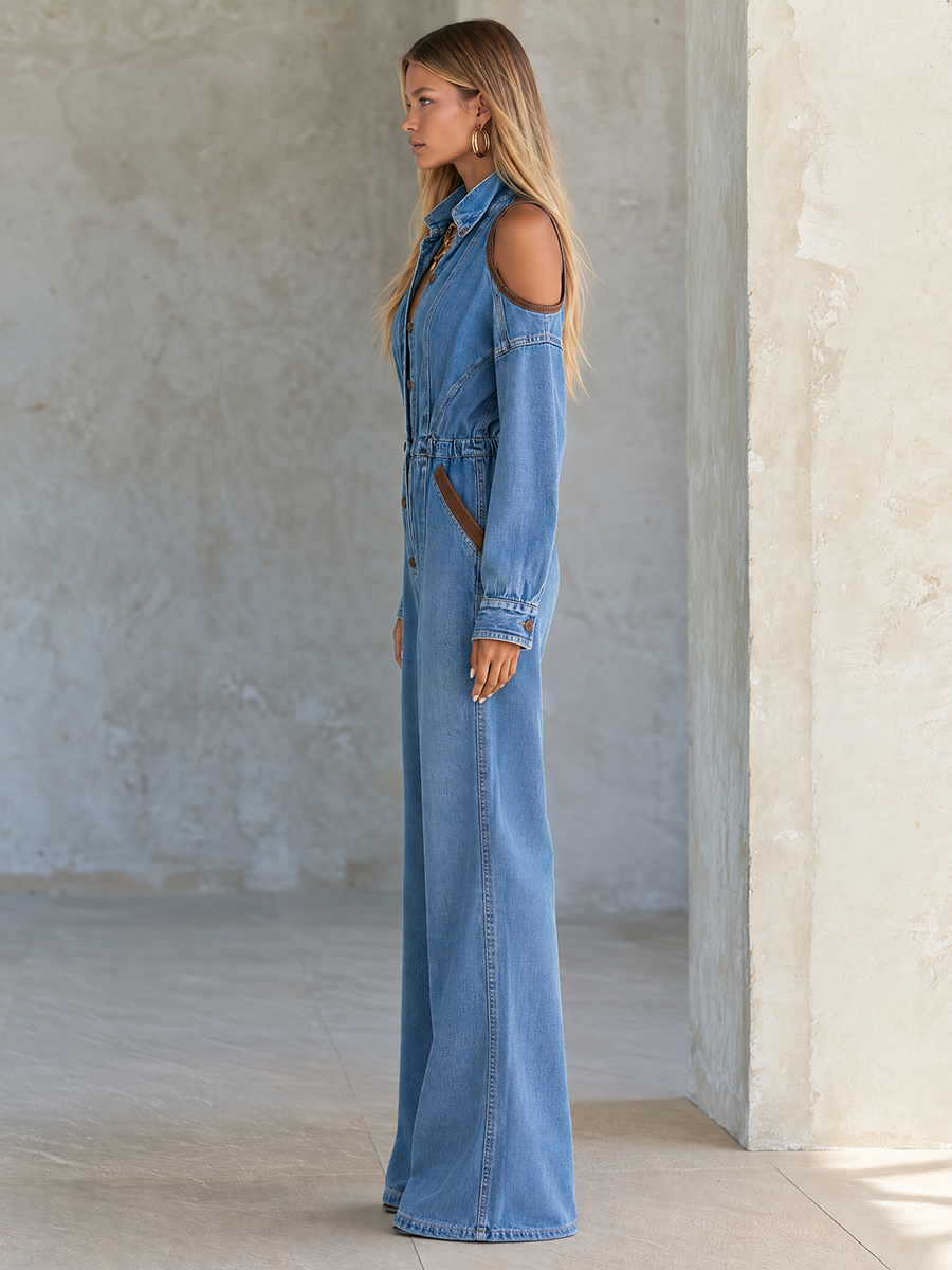 Light Blue Denim Jumpsuit V Neck Button Front Wide Leg Coverall