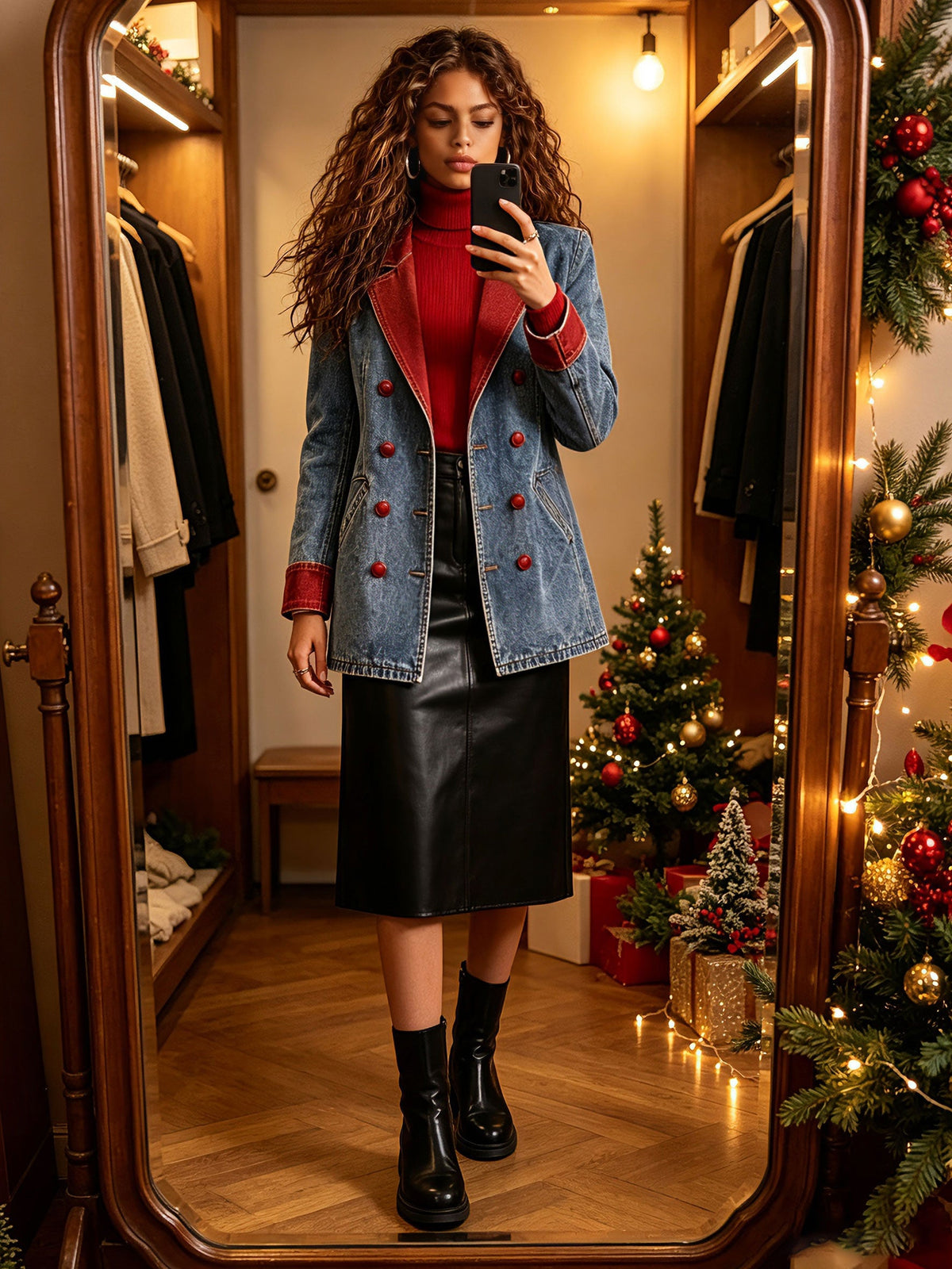 Women's Retro Red and Blue Double-Breasted Denim Blazer