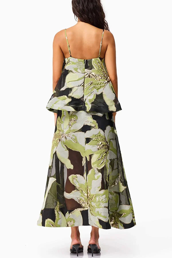 Women’s Maxi Gown with Embroidered Floral Applique and Sheer Mesh Overlay
