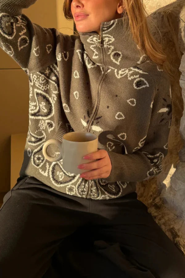 Women's Knit Zip-Up Sweater with Jacquard Paisley Print and High Turtleneck