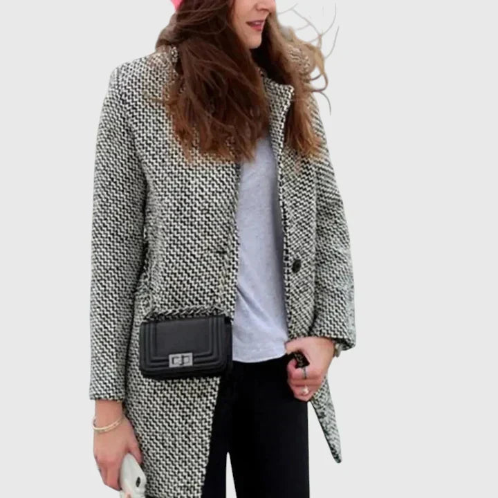 Women's Houndstooth Double-Breasted Long Coat