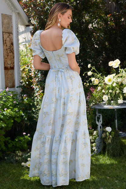 Women's Floral Puff-Sleeve Maxi Dress with Cinched Waist for Romantic Elegance