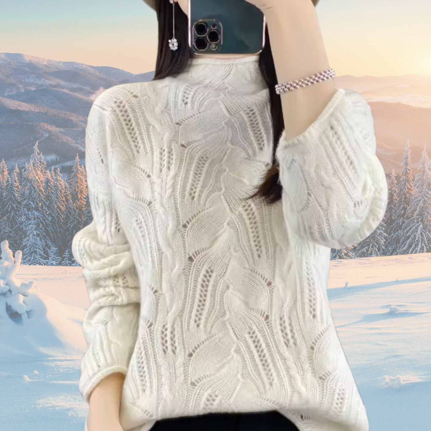 Women’s Cable Knit Turtleneck Sweater with Intricate Open-Work Texture Detail