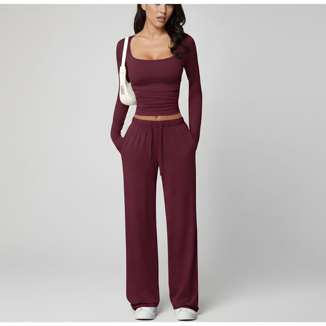 Women’s Square Neck Lounge Set with Wide Leg Pants