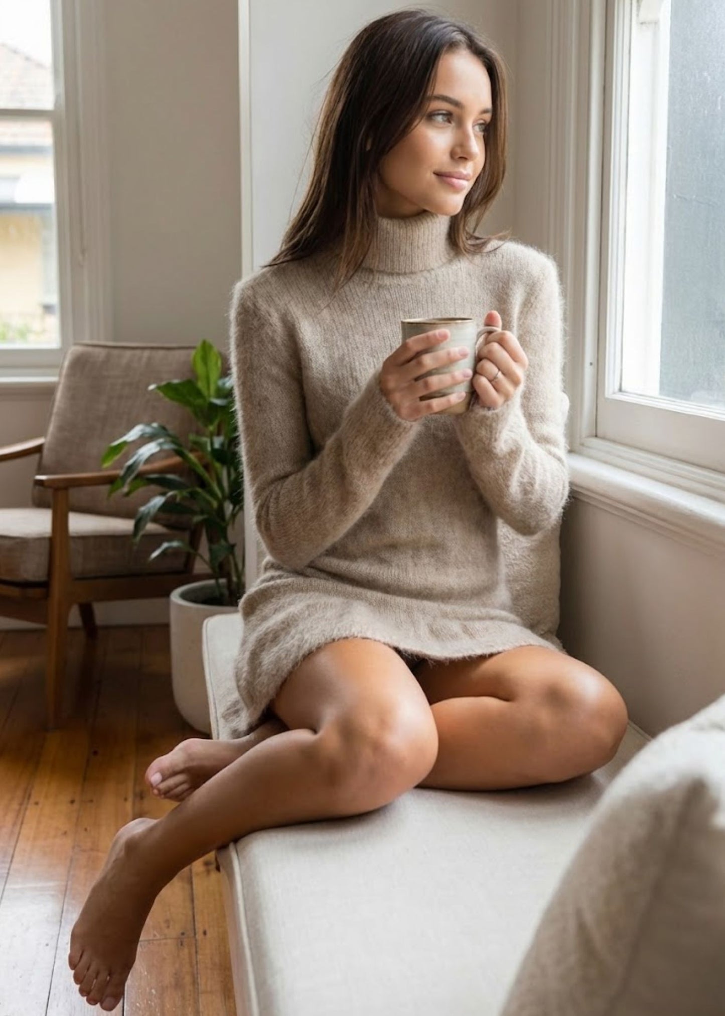 Ceylan Women’s Turtleneck Knit Mini Dress with Fuzzy Texture