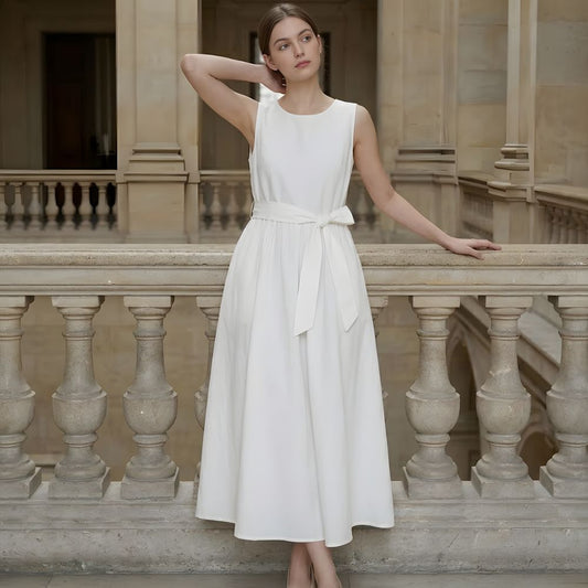 Women’s Sleeveless Maxi Dress with Tie Waist and Round Neck