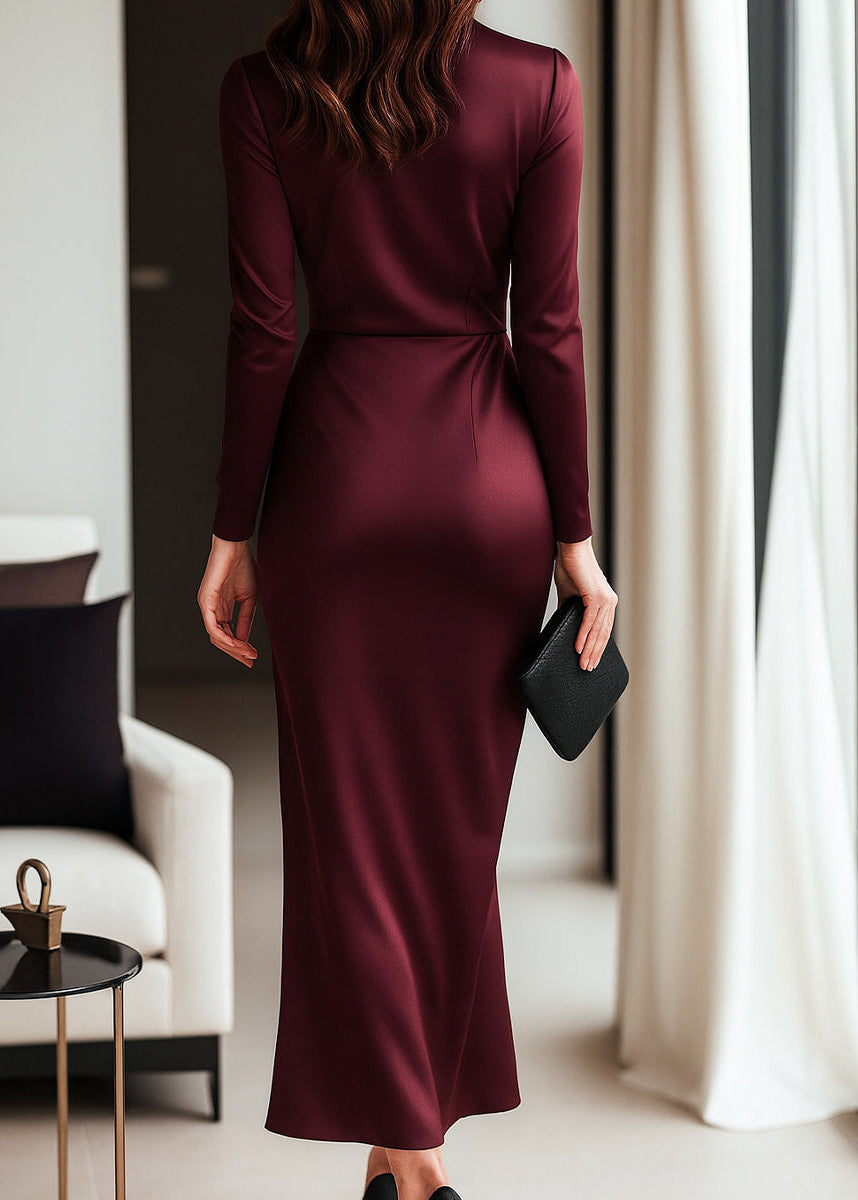 Ceylan Women’s Long Sleeve Satin Wrap Dress with Waist Tie Detail