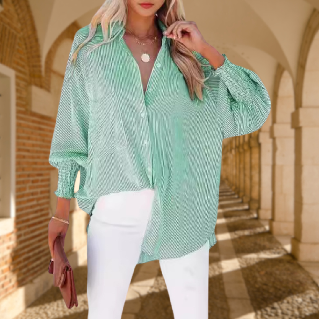 Women's Button Down Shirt Striped Oversized Smocked Cuff Blouse