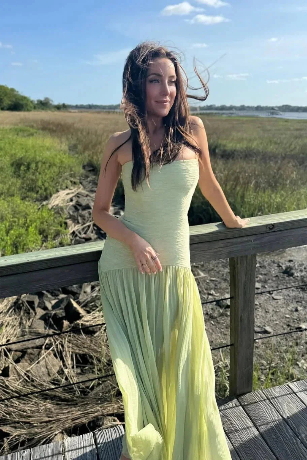Women Strapless Pleated Drop Waist Wedding Guest Maxi Dress