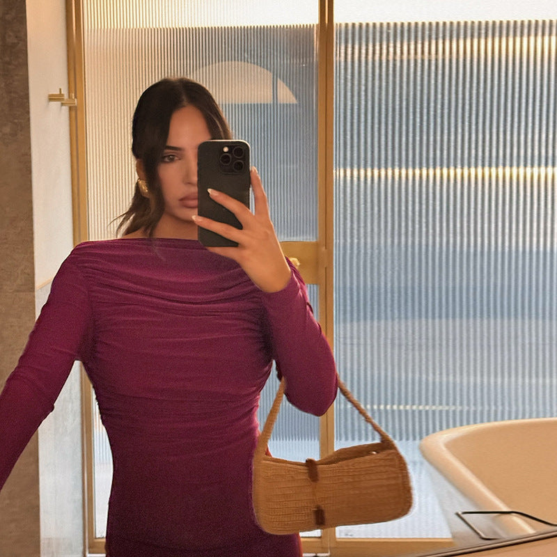 Women's Backless Long Sleeve Maxi Dress with Ruched Detailing