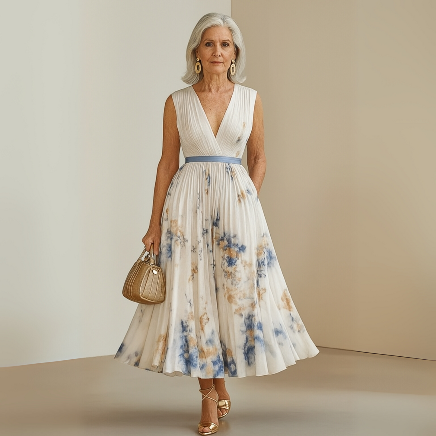 Women’s Pleated Maxi Dress V-Neck Watercolor Print Wedding Guest Gown