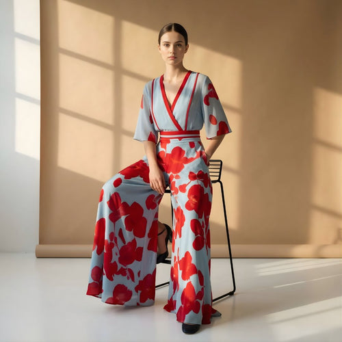 Women's Floral Print V-Neck Maxi Dress with Flutter Sleeves and Pockets