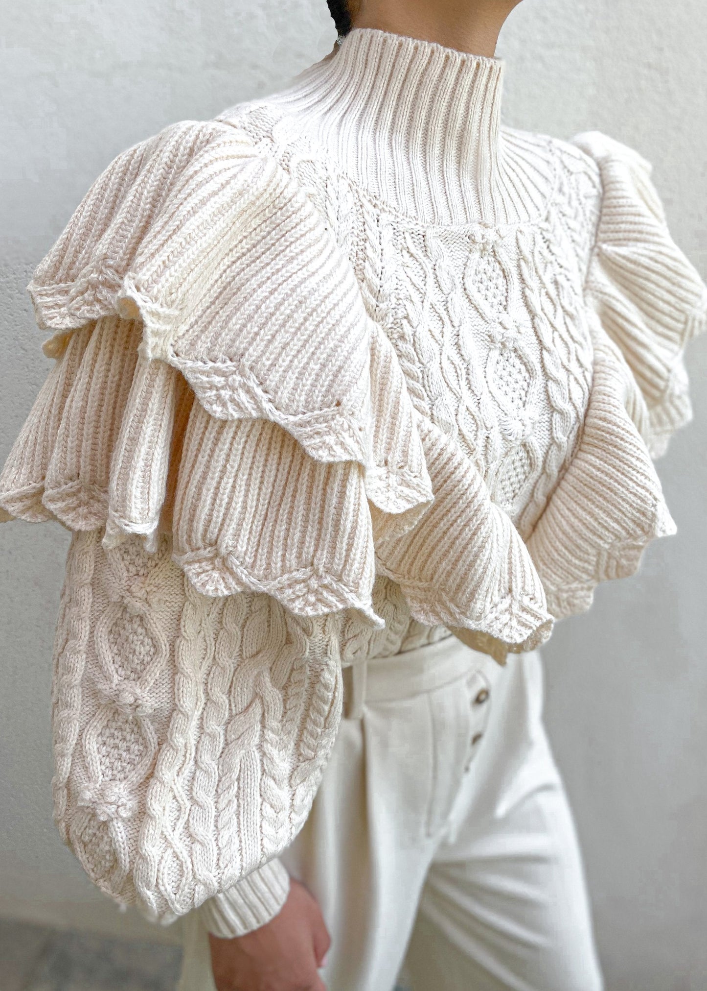 Ceylan Women’s Ruffle Cable Knit Sweater Statement Sleeve