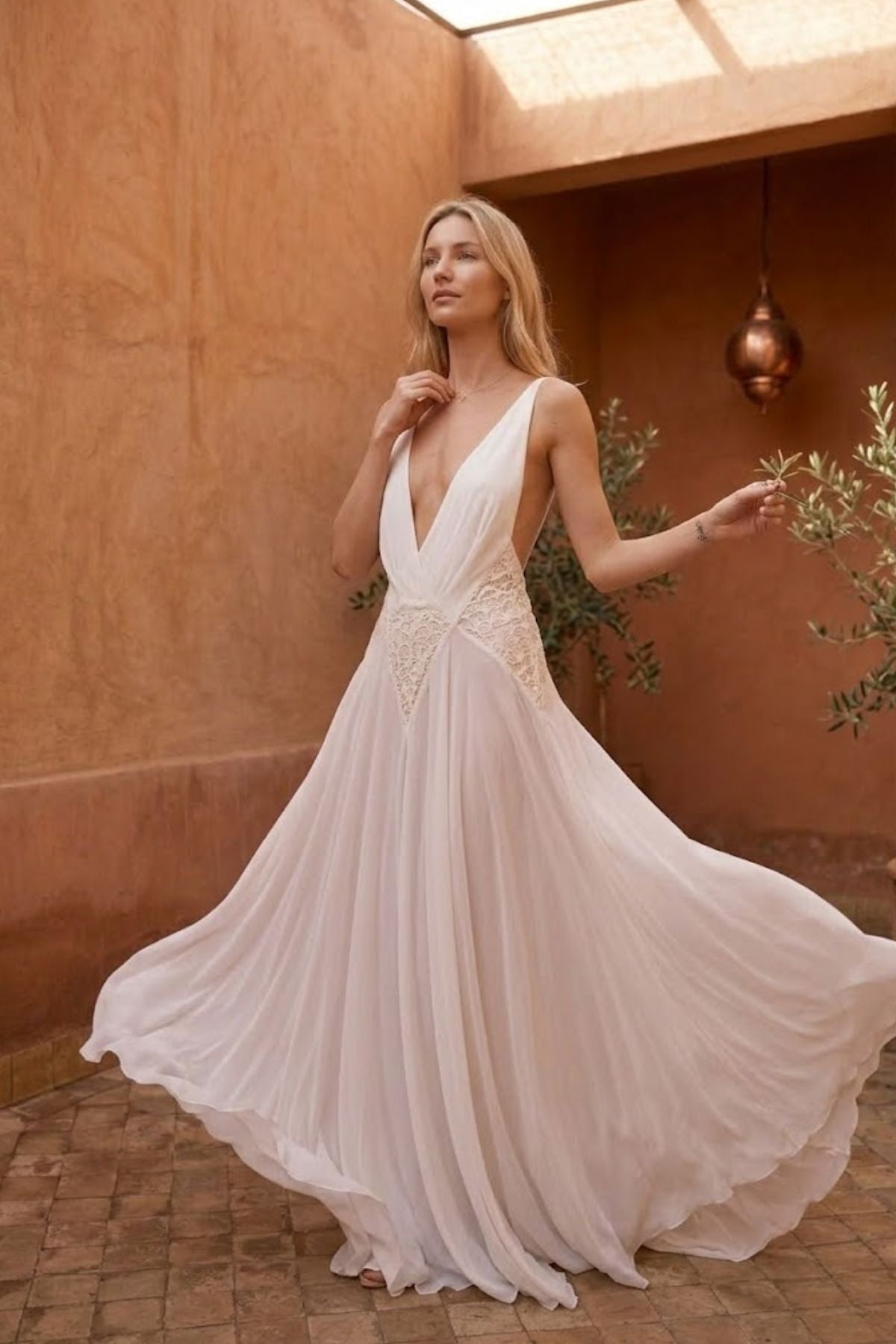 Women’s Flowy Maxi Dress with Deep V-Neck and Tulle Lace Patchwork