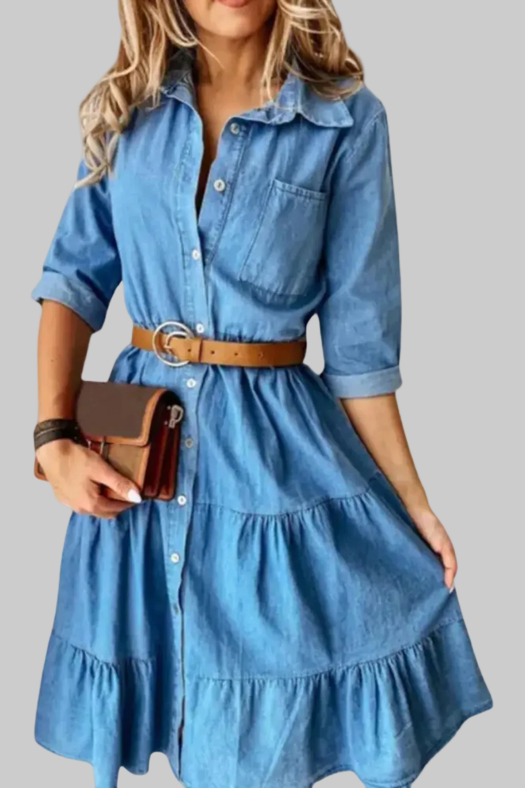 Women’s Midi Dress Denim Tiered Button Down Shirt Gown