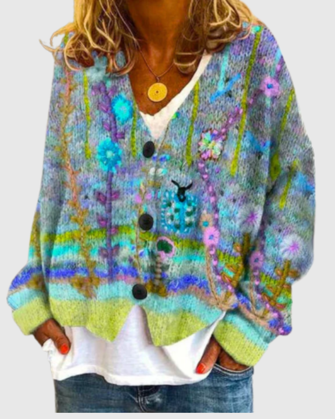 Ceylan Women's Floral Embroidered Chunky Knit Cardigan