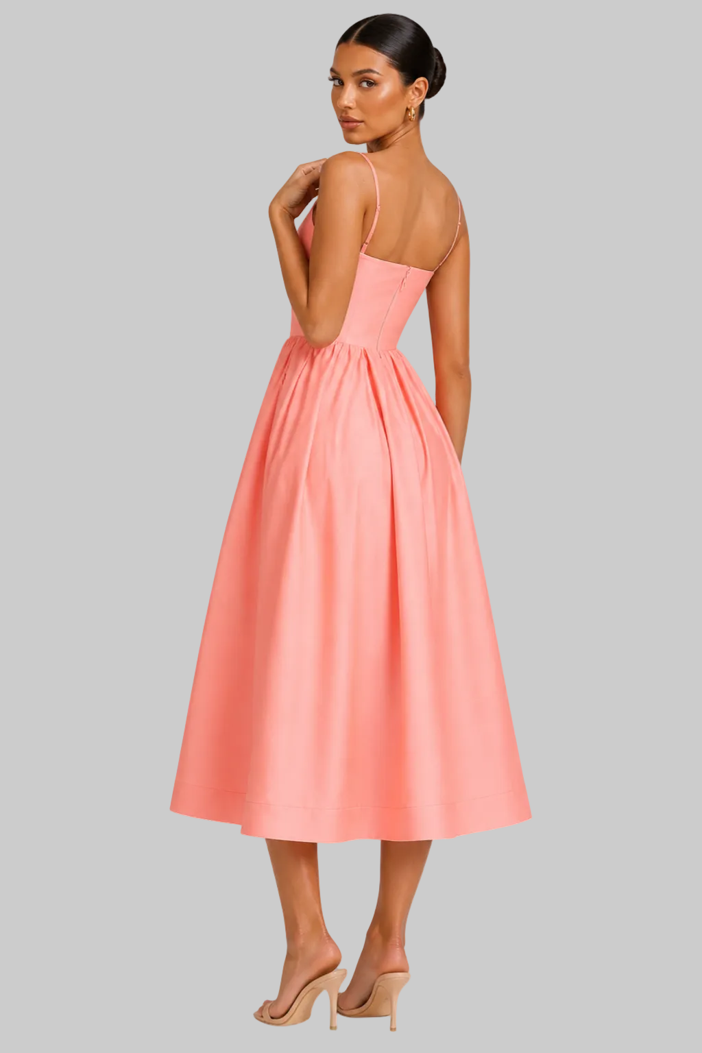 Women’s Midi Dress with Square Neckline and Flared Skirt
